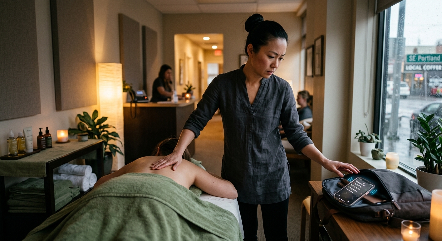 A therapist stopping a massage to reach for a ringing phone